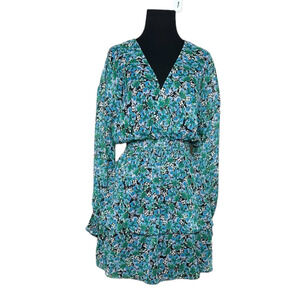 Zara green blue semi sheer v neck mini dress size M